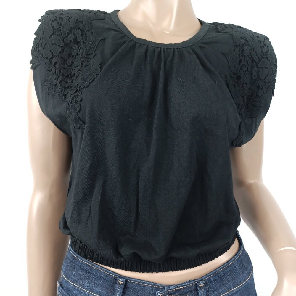 EXPRESS Blouse Crop Blouson Jersey Shoulder Pads Lace Trim XS